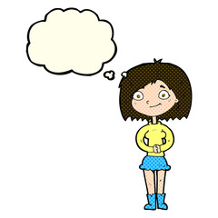 cartoon happy woman with thought bubble