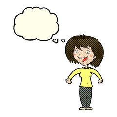 cartoon excited woman with thought bubble