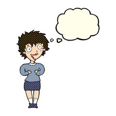 cartoon excited woman with thought bubble