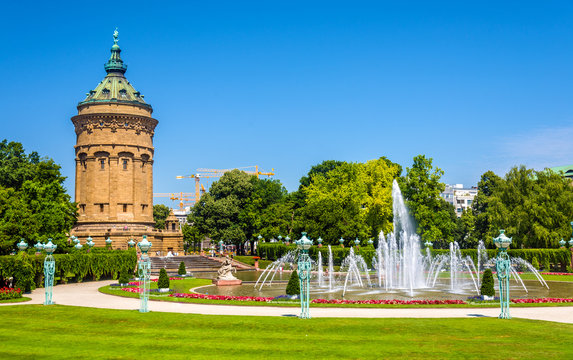 Fountain and Water Tower on Friedrichsplatz square in Mannheim -
