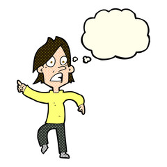 cartoon worried man pointing with thought bubble