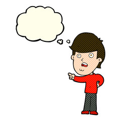 cartoon shocked man pointing with thought bubble