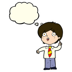 cartoon schoolboy answering question with thought bubble
