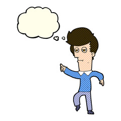 cartoon man accusing with thought bubble