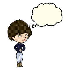 cartoon woman considering with thought bubble