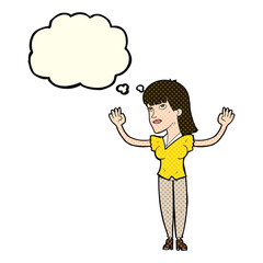 cartoon woman throwing hands in air with thought bubble
