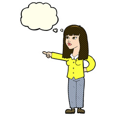 cartoon pretty woman pointing with thought bubble