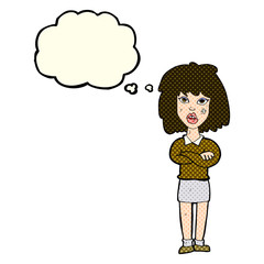 cartoon tough woman with folded arms with thought bubble