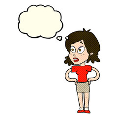 cartoon woman with hands on hips with thought bubble