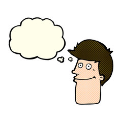 cartoon smiling man with thought bubble