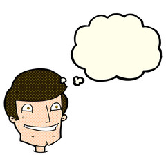 cartoon grinning man with thought bubble