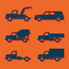 Set of car silhouettes isolated on orange. Vector illustration