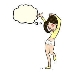 cartoon pretty woman dancing with thought bubble