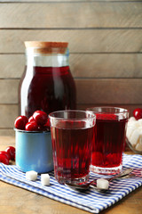 Sweet homemade cherry compote on table on wooden background