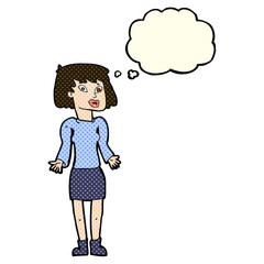 cartoon woman shrugging shoulders with thought bubble