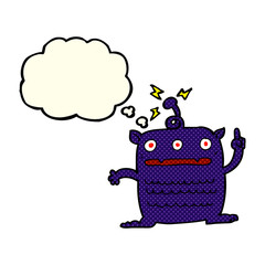 cartoon weird little alien with thought bubble
