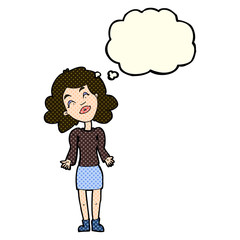 cartoon woman shrugging shoulders with thought bubble