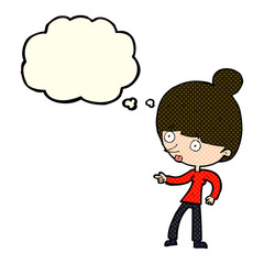 cartoon woman pointing with thought bubble