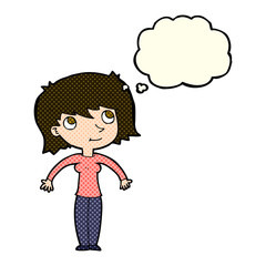 cartoon woman shrugging with thought bubble