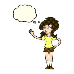 cartoon pretty woman waving for attention with thought bubble