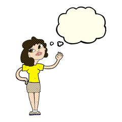 cartoon woman waving  with thought bubble