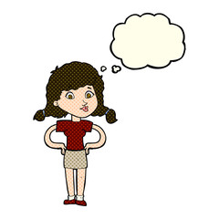 cartoon pretty girl with hands on hips with thought bubble