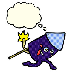 cartoon funny firework character with thought bubble
