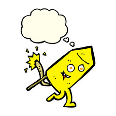 cartoon funny firework character with thought bubble