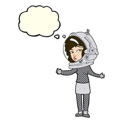 cartoon woman wearing astronaut helmet with thought bubble