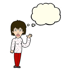 cartoon shocked woman waving hand with thought bubble
