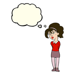 cartoon pretty girl tilting head with thought bubble