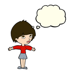 cartoon woman with open arms with thought bubble