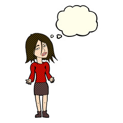 cartoon woman shrugging shoulders with thought bubble