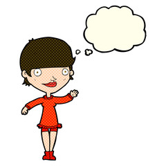 cartoon waving woman with thought bubble