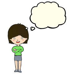 cartoon happy woman with thought bubble