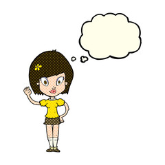 cartoon pretty girl waving with thought bubble