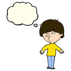 cartoon suspicious man looking over shoulder with thought bubble