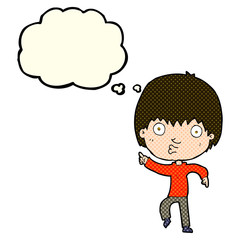cartoon impressed boy pointing with thought bubble