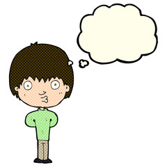 cartoon whistling boy with thought bubble