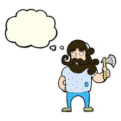 cartoon lumberjack with axe with thought bubble
