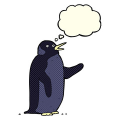 cartoon penguin waving with thought bubble