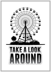 Silhouette of a ferris wheel at the park. Typography card vector