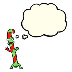 cartoon dancing christmas candy cane with thought bubble