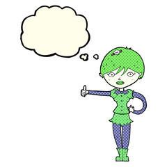 cartoon vampire girl giving thumbs up symbol with thought bubble