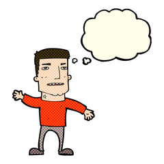 cartoon waving stressed man with thought bubble