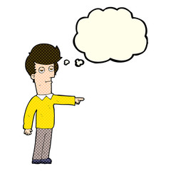 cartoon pointing man with thought bubble