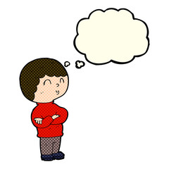cartoon boy with folded arms with thought bubble