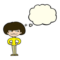 cartoon boy with hands on hips with thought bubble
