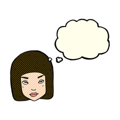 cartoon annoyed female face with thought bubble