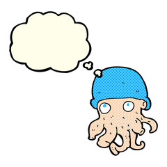 cartoon alien head wearing hat with thought bubble